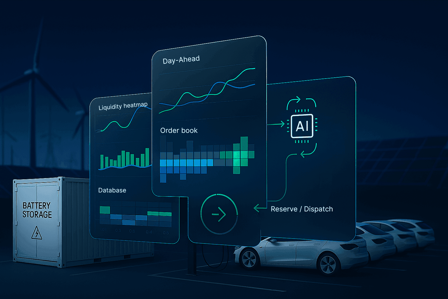 Energy trading dashboard with parked EVs and battery storage