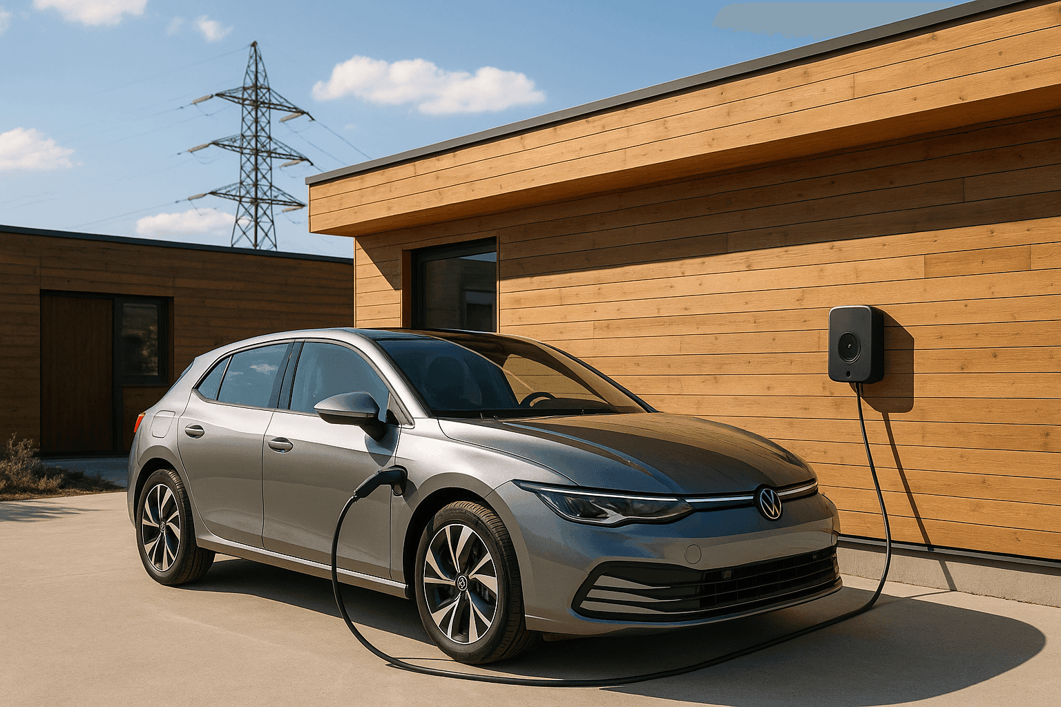 AI generiertes Bild: E-Auto lädt, mit Strommasten im Hintergrund