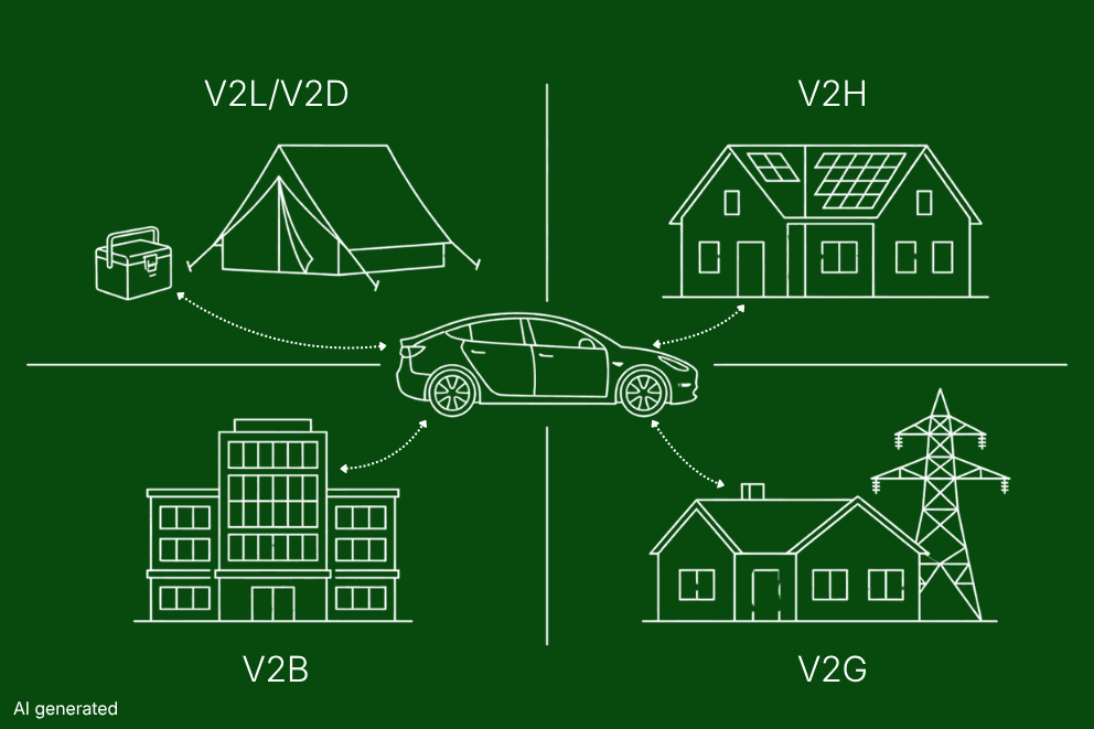 illustration symbolizing the types of bidirectional charging; top left shows V2L/V2D, top right shows V2H, bottom right shows V2G, bottom left shows V2B