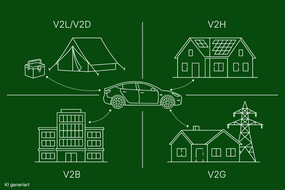 Die vier Formen des bidirektionalen Ladens - V2G, V2H, V2B und V2L - grafisch dargestellt