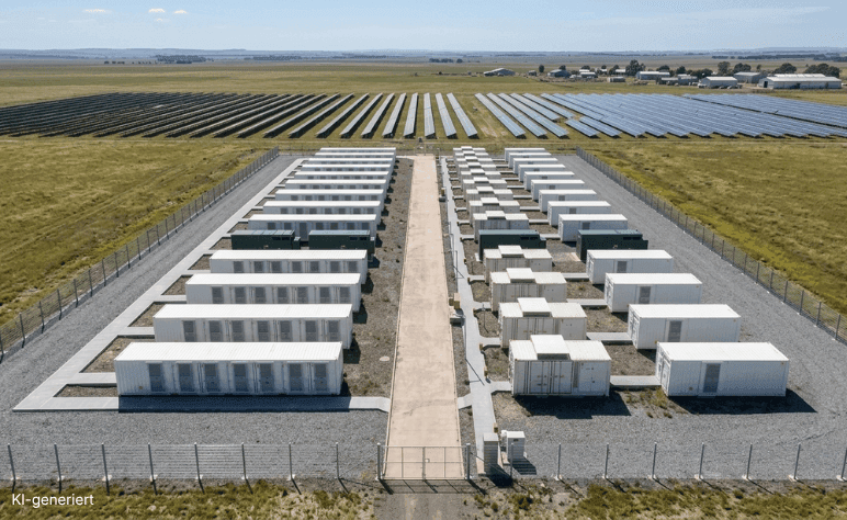 Blick von oben auf eine Batteriespeicheranlage