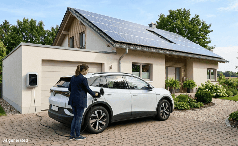 A woman bidirectionally charging an EV in front of a house with rooftop solar.