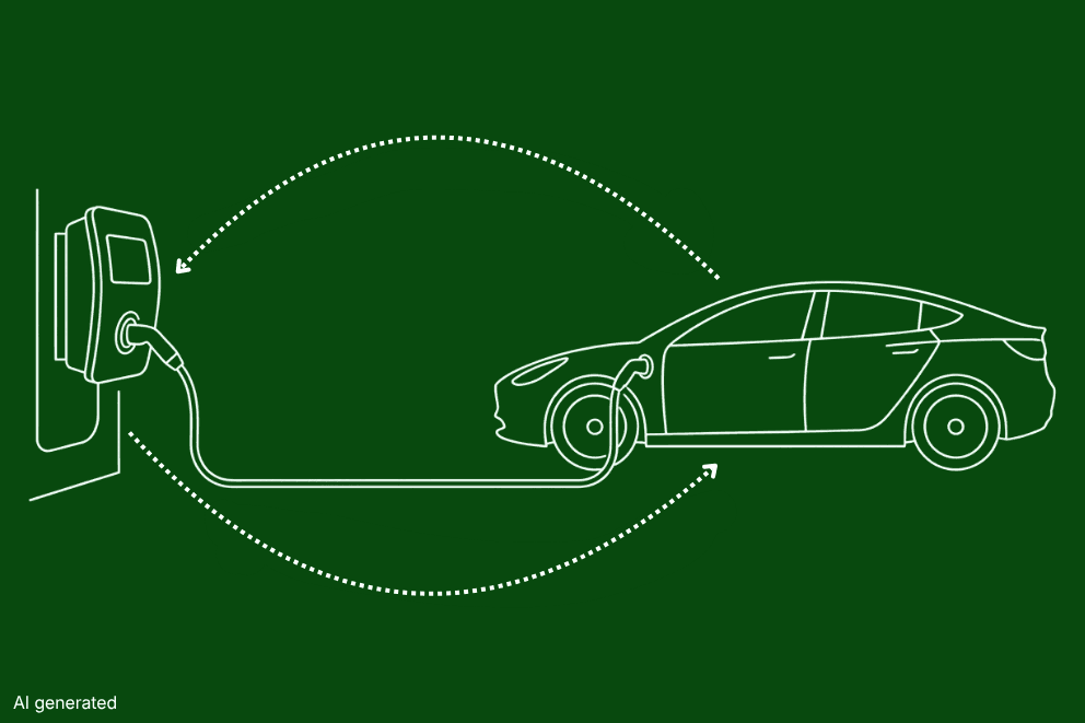 illustration of an EV connected to a wallbox with two arrows symbolizing bidirectional charging
